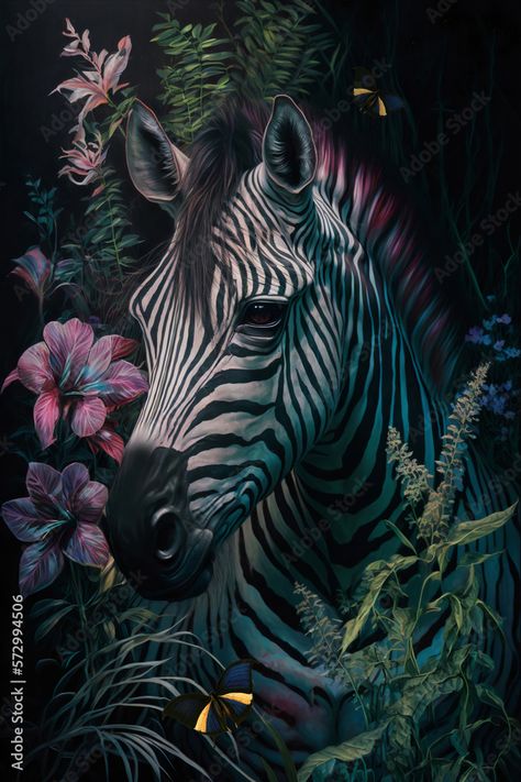 Zebra Artwork, Zebra Flowers, Zebra Illustration, Creature Fantasy, Zebra Painting, Zebra Art, Wal Art, Wildlife Paintings, Oil Painting Portrait