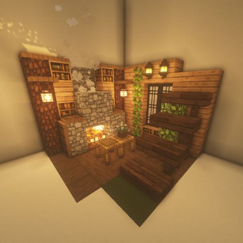 Minecraft Mini House Interior, Inside Of House Minecraft, Minecraft Library Room Ideas, Minecraft Cave House Interior Small, Mini Library Minecraft, Small Chest Room Minecraft Ideas, Small Minecraft Room Ideas, Minecraft Building Ideas Living Room, Small Cozy Minecraft House