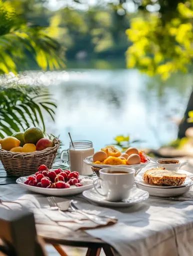 ↑↑↑ Larger size on website 🔸 A breakfast table is set outdoors with a white tablecloth, overlooking a lake. The table is filled w Outdoor Breakfast Table, Outdoor Breakfast, Eggs Toast, White Tablecloth, White Table Cloth, Breakfast Table, Limes, Green Foliage, The Table