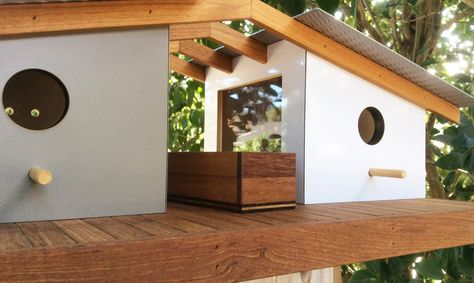 Sourgrassbuilt, a California home decor company owned by Douglas Barnhard, designs enchanting birdhouses inspired by famous architecture around the world. California Home Decor, Modern Birdhouses, Modernist House, Bird House Kits, Famous Architecture, Birdhouse Designs, Bird Aviary, Modern Birds, Decorative Bird Houses