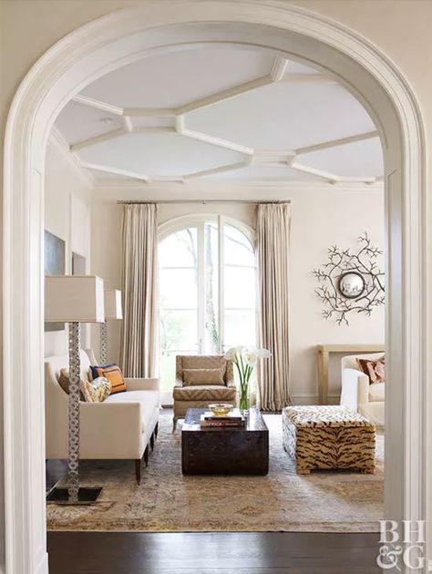 Arched Opening, Decorative Ceiling Panels, Plaster Relief, White Molding, Unique Sofas, Home Design Diy, Room Ceiling, Living Room Ceiling, White Ceiling