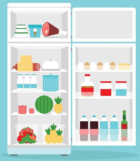 A cartoon graphic of an open fridge. Estilo Vans, Healthy Fridge, Maytag Refrigerator, Food Basics, Bill Organization, Refrigerator Organization, Fridge Organization, How To Organize, Cleaning Organizing