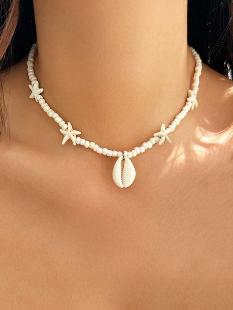 1 pieza Colgante de concha de moda con collar de cuentas de estrella de mar, estilo océano Beis    Conchas     Women Fashion Jewelry, size features are:Bust: ,Length: ,Sleeve Length: Collar Conchas, Shell Beads Jewelry, Ocean Style, Ocean Necklace, Seashell Pendants, Ocean Fashion, Beads Bracelet Design, Styles P, Shell Beads