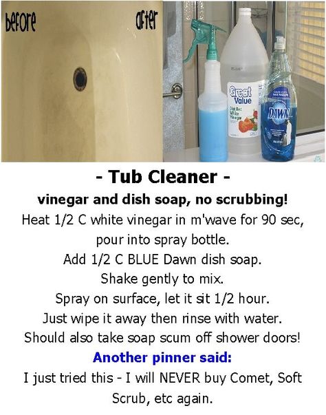 - Tub Cleaner -  vinegar and dish soap, no scrubbing! Cleaning Tub Hacks, No Scrub Shower Cleaner, Shower Cleaner Dawn And Vinegar, Clean Tub Stains Bathtub, Cleaning Sink With Baking Soda Vinegar, Natural Tub Cleaner, Bathtub Cleaner With Dawn And Vinegar, Clean Sink With Baking Soda Vinegar, Baking Soda Vinegar Dish Soap Cleaner