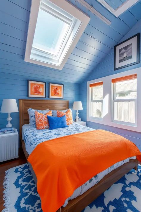 24 Orange and Blue Bedroom Ideas For a Bold Look Blue Room Orange Accents, Orange And Blue Room Aesthetic, Blue And Orange Boys Room, Orange Blue Bedroom, Blue And Orange Bedroom Ideas, Orange And Blue Bedroom, Hallway Colors, Orange Headboard, Boy Room Paint