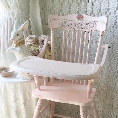 Beautiful vintage pressed back highchair painted in the prettiest shade of shabby pale pink ! Perfect for your little ones first birthday, cake smash or everyday use ! Available at Fanny Pippin Pink Nursery Chair, Vintage Pink Nursery, Pink House Interior, Vintage High Chairs, Wooden High Chairs, First Birthday Cake Smash, Nursery Room Design, Baby Room Inspiration, Dream Nurseries