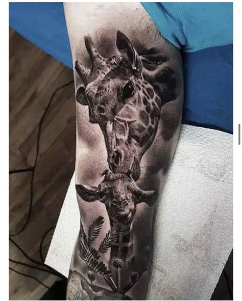 Giraffe Sleeve Tattoo, Realistic Giraffe Tattoo, Elephant Giraffe Tattoo, Giraffe Leg Tattoo, Zebra Tattoo Design, Jungle Tattoo Sleeve, Jungle Theme Tattoo, Rhino Tattoos, Giraffe Tattoo Design