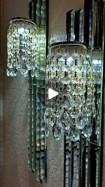 Diy Glam on Instagram: "#DIY Mirrored Wall Sconces.  DiY High End Wall Decor using 12in Mirror Strip Tiles and Crystal Chandelier Pendants from Amazon. Craft Wood, Lights, Candleholders and Foam board are from DollarTree. #DIYWallsconces #DIY #Walldecordiy #wallmirror #HowtoDiy #DIYglamdecor #GlamDIY #diycreators #diycreations #glamdecor" End Wall Decor, Chandelier Diy Crystal, Diy Glam Decor, Wall Sconces Diy, Mirror And Sconces, Wood Lights, Glam Mirror, Dreamy Decor, Mirrored Wall