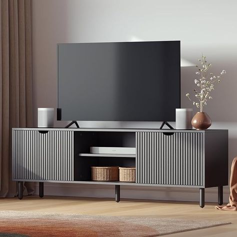 Amazon.com: Contemporary Fluted TV Stand - Media Console - 70 Inch Entertainment Center with Storage - Console Table for Living Room and Bedrooms - Supports 32 to 80" TVs - Soft-Close Cabinet Doors (Black) : Home & Kitchen Fluted Panel Tv Console, Table For Under Tv, Black Modern House Decor, Tv Stand Decor Living Room Apartment, Tv Unit Decoration Ideas, Black Tv Stand Decor, Modern Farmhouse Tv Stand Decor, 75 Inch Tv Stand Ideas, Tv Console Decorating Modern