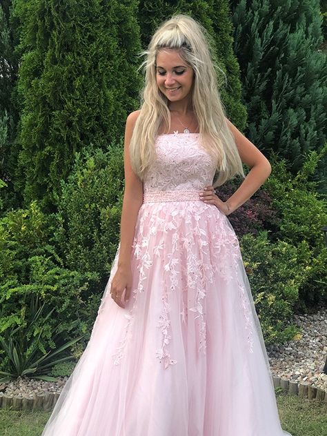 A-Line/Princess Strapless Sleeveless Floor-Length Applique Tulle Dresses - Hebeos Pink Flowy Skirt, Light Pink Prom Dress, Prom Dress Pink, Evening Dress Beaded, Tulle Neckline, Formal Dresses Graduation, Tulle Dresses, Strapless Prom Dress, 2024 Prom