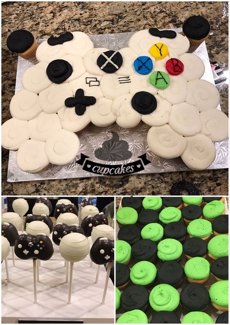 Video Game Themed Cupcakes, Video Game Cupcake Ideas, Xbox Pull Apart Cupcakes, Pull Apart Cupcake Cake Game Controller, Gamer Pull Apart Cupcakes, Game On Cupcakes, Xbox Cupcake Cake, Level Up Birthday Party Food, Xbox Controller Cupcake Cake