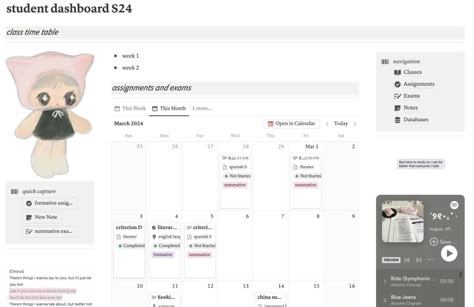 academic dashboard S24 Academic Notion Aesthetic, Notion Layout Aesthetic, Uni Notion, Academic Planner Ideas, Notion For Students, College Notion, Notion Academic, Study Layout, Pink Notion Template