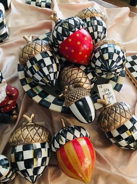 Mckenzie Childs Halloween, Mackenzie Childs Diy Tutorials, Mckenzie Childs Christmas Ideas, How To Paint Mackenzie Childs Checks, Mackenzie Childs Inspired Diy, Painted Acorns, Mackenzie Childs Diy, Mackenzie Childs Inspired, Mckenzie And Childs