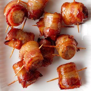 Sausage Airfryer, Super Bowl Potluck, Breakfast Ideas Without Eggs, Xmas Brunch, Bacon Wrapped Recipes, Air Fryer Sausage, Bacon Wrapped Sausages, Make Ahead Brunch Recipes, Bacon Bites