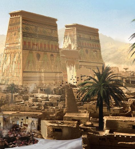 Egyptian City Concept Art, Ancient Egypt City Concept Art, Egyptian Temple Art, Ancient Egypt City, Egypt Fantasy Art, Mesopotamia Aesthetic, Ancient History Aesthetic, Fantasy Egypt, Ancient Egyptian City