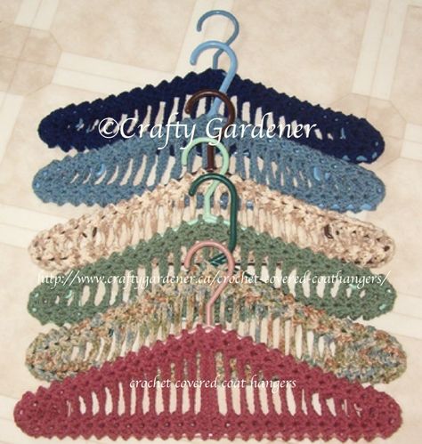 Crochet Covered Coathangers | craftygardener.ca Household Crochet, Hanger Covers, Covered Coat Hangers, Hanger Crafts, Crocheted Items, Coat Hangers, Crochet Coat, Crochet Stuff, Crochet Home