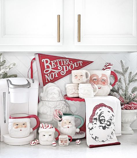 Santa mugs Hot Cocoa Bar Display, Santa Mug Display, Coffee Mug Display, Gingerbread House Parties, Santa Mug, Mug Display, Bar Displays, Hot Cocoa Bar, Santa Mugs