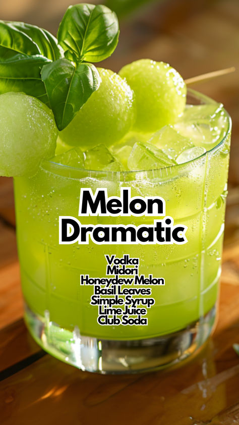 Melon Dramatic Melon Liquor Drinks Cocktail Recipes, Honeydew Drink, Honeydew Cocktail, Midori Cocktails, Soda Cocktails, Green Cocktails, Cocktail Cards, Basil Cocktail, Vodka Cocktails Easy