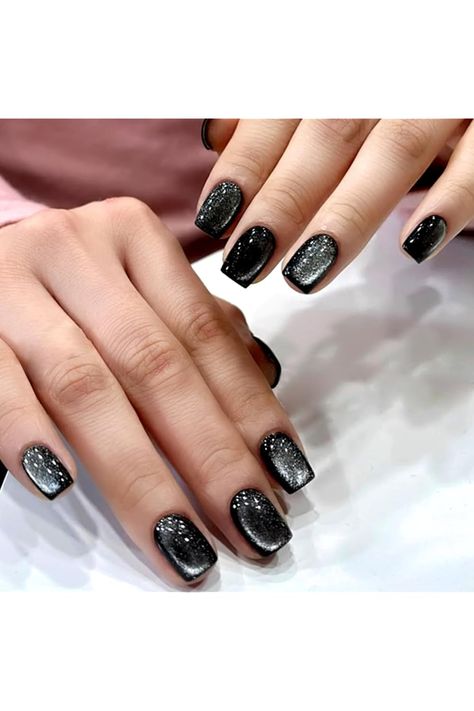 Square Press on Nails Short Fake Nails Black with Cat&#39;s Eyes Designs Acrylic Nails Glossy and Glitter False Nails Autumn Glue on Nails Full Cover Artificial Nails for Women 24PCS Sparkly Black Nails, Nails Edgy, Black Nails With Glitter, Press Nails, Pearl Light, Witchy Nails, Short Fake Nails, Nail Art For Beginners, Press On Nails Short