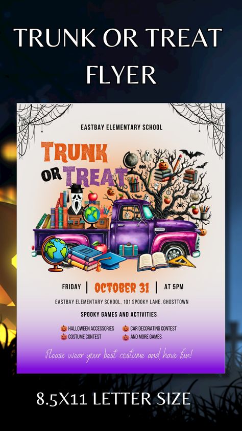 Get ready for the Halloween event with our Editable Trunk or Treat School Flyer Invitation, perfect for a school fundraiser. Customize it easily using Canva for your School Neighborhood Church Trunk or Treat Flyers!

***********************
WHAT YOU WILL GET?
>>Editable US Letter or 8.5X11" size Flyer
>>Basic User guide on how to edit on canva . Trunk Or Treat Poster, Church Trunk Or Treat Ideas, School Trunk Or Treat, Church Trunk Or Treat, Trunk Or Treat Flyer, Church Trunk, Spooky Games, School Flyer, Trunk Or Treat