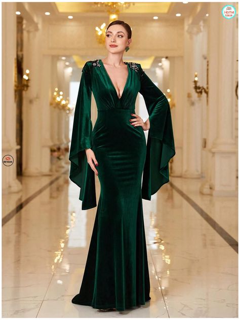 Wedding Dresses For Kids, Mermaid Evening Dress, Wedding Dress Sequin, Green Velvet Dress, Sequin Wedding, Split Sleeve, Womens Prom Dresses, Mermaid Evening Dresses, Ruffled Sleeves