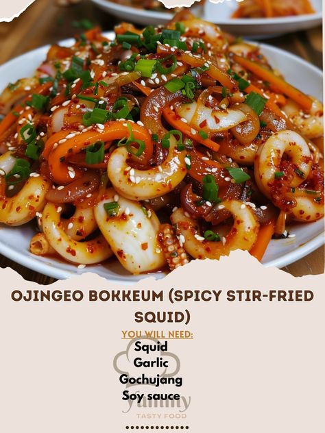 🐙 Savor the spicy and flavorful Ojingeo Bokkeum! 🌶️✨ #OjingeoBokkeum #KoreanCuisine Ojingeo Bokkeum (Spicy Stir-Fried Squid) Ingredients: Squid, cleaned and sliced (1 lb) Gochujang (Korean chili paste) (2 tbsp) Soy sauce (1 tbsp) Garlic, minced (3 cloves) Onion, sliced (1) Carrot, julienned (1) Bell pepper, sliced (1) Green onions, chopped (1/2 cup) Sesame oil (1 tbsp) Sesame seeds (1 tbsp) Vegetable oil (for cooking) Instructions: Marinate squid in gochujang, soy sauce, and garlic for 20... Ojingeo Bokkeum, Squid Stir Fry, Fried Squid, Korean Chili, Korean Chili Paste, Chili Paste, Cooking Instructions, Sesame Oil, Bell Pepper