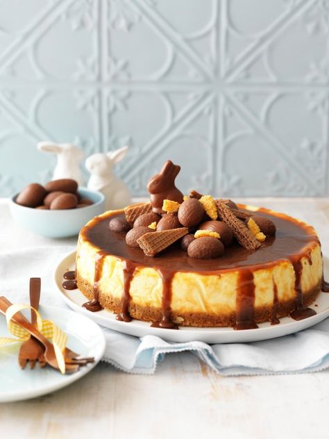 Baked Vanilla Cheesecake with Choc-Caramel Sauce Recipe | myfoodbook | Easter Egg Cheesecake recipe Baked Vanilla Cheesecake, Chocolate Caramel Cheesecake, Caramel Cheesecake Recipes, No Bake Vanilla Cheesecake, Easter Cheesecake, Easy Custard, Easy Easter Desserts, Easter Entertaining, Caramel Recipes Sauce