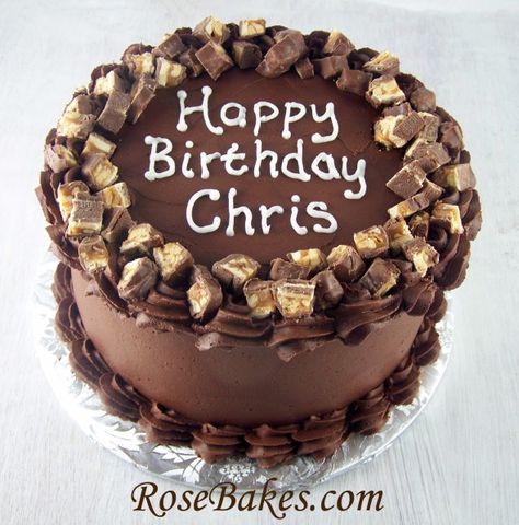 Chocolate Cake with Dark Chocolate Buttercream and Snickers Boy Birthday Cakes, Dark Chocolate Buttercream, Happy Birthday Chris, Lolly Cake, Snickers Cake, Snickers Candy Bar, Chocolate Lollies, Snickers Candy, Dark Chocolate Cake