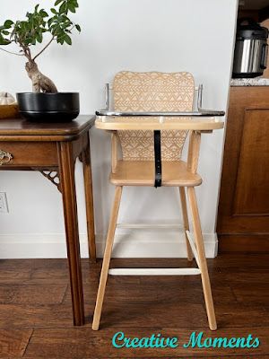 Creative Moments: Vintage High Chair in Natural Wood and Warm White High Chair Makeover, Antique High Chairs, Vintage High Chairs, Wooden High Chair, Milk Paint Furniture, Wooden High Chairs, Silver Spray Paint, Refinish Furniture, Painted Desk