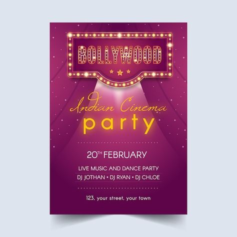 Free vector bollywood party poster templ... | Free Vector #Freepik #freevector #bollywood-party #bollywood-poster #fun-poster #event-design Farewell Ideas, Bollywood Poster, Cinema Party, Bollywood Retro, Bollywood Theme, Music Night, Party Logo, Music Poster Ideas, Poster Template Design