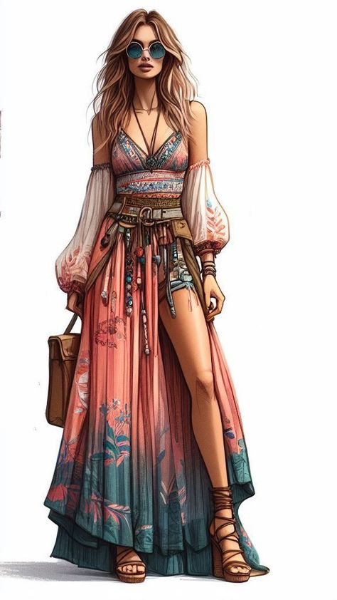 Beach Style Outfit, Mode Hippie, Bohemian Style Clothing, Fashion Illustration Sketches Dresses, Fashion Design Collection, Boho Style Outfits, Exotic Fashion, Boho Chic Outfits, The Bohemian