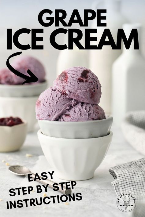 Indulge in a sweet, juicy, delightful treat with this delicious Grape Ice Cream Recipe! It's made with simple ingredients and churned to creamy perfection. Grape Ice Cream Recipe, Unique Ice Cream Flavors Recipes, Grape Sorbet Recipe, Frozen Custard Recipes, Ice Cream From Scratch, Homemade Ice Cream Recipes Machine, Grape Ice Cream, Unique Ice Cream Flavors, Frozen Pops