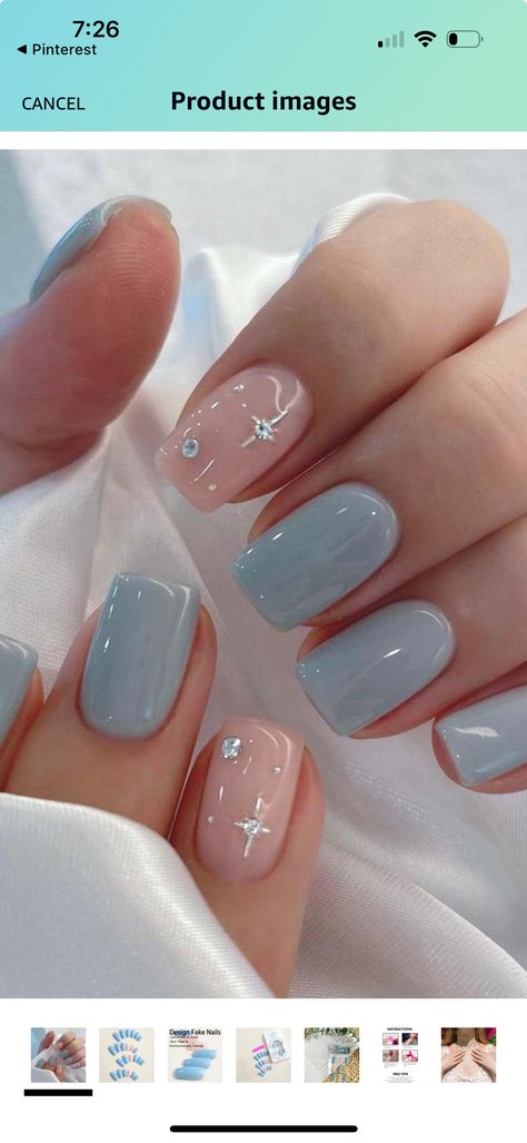 Cute Christian Nail Designs, Nails For Winter Formal Dance, Conservative Nail Designs, Cute Short Squoval Nails, Dusty Blue Nails Design, Bridemaids Nails Wedding Blue, Summer Classic Nails, Dusty Blue Nail Ideas, Dusty Blue Wedding Nails Bridesmaid