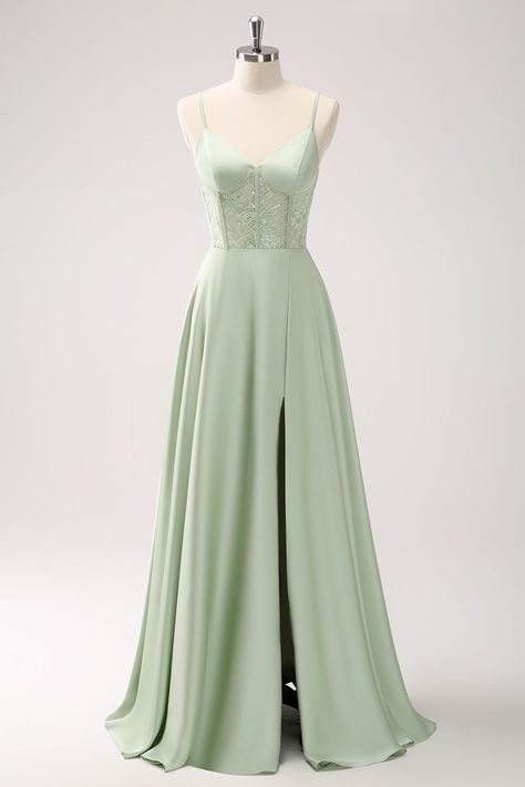 Cottagecore Wedding Dress Green, Light Green Grad Dress, Sage Green Satin Prom Dress, Pale Green Prom Dress, Light Green Wedding Guest Dress, Pale Green Bridesmaid Dresses, Light Green Long Dress, Prom Dress Sage Green, Light Green Formal Dress