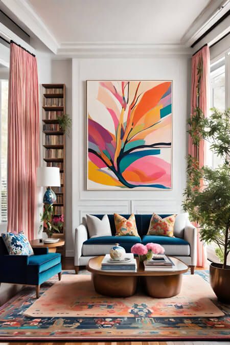 Painting In House Living Rooms, Luxury Bedroom Master Colorful, Contemporary Art Living Room, Paintings In The Living Room, Office Bright Colors, Neutral Living Room With Pop Of Color Artwork, Living Room Paintings Ideas, Home Decor Bright Colors, Colorful Modern Interior