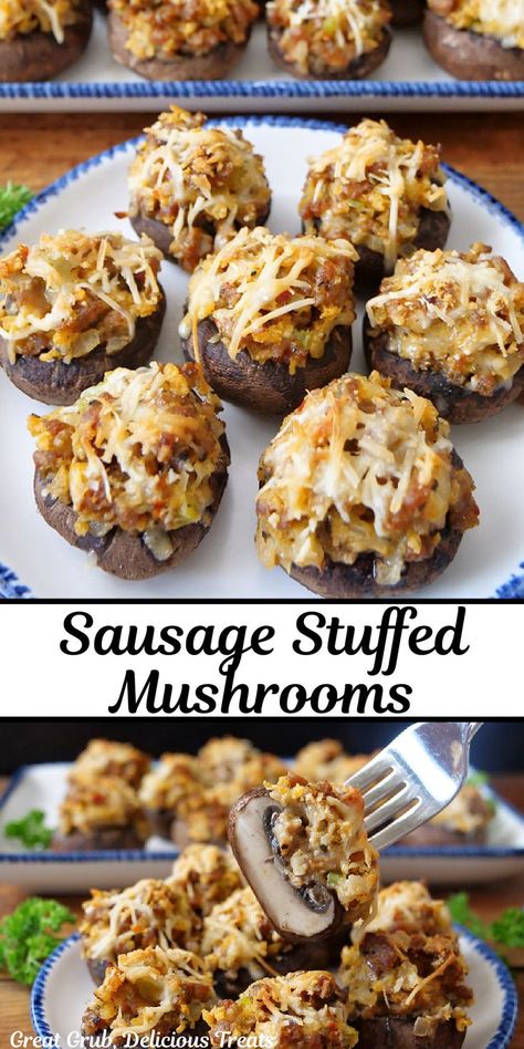 A double photo collage of sausage stuffed mushrooms on a white plate with blue trim. Cream Cheese And Sausage, Stuffed Mushrooms Cream Cheese, Stuffed Mushrooms With Cream Cheese, Sausage Appetizers, Sausage Stuffed Mushrooms, Cheese Stuffed Mushrooms, Finger Food Appetizers, Lou Lou, Mushroom Recipes