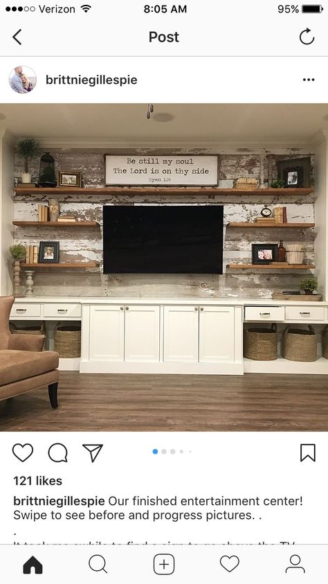 Wood Wall Entertainment Center, Country Tv Wall Ideas, Farmhouse Entertainment Room, Farmhouse Living Room Entertainment Wall, Large Wall Entertainment Center Ideas, Rustic Entertainment Wall, Farm House Tv Wall, Farmhouse Entertainment Center Decor Ideas, Rustic Built In Entertainment Center