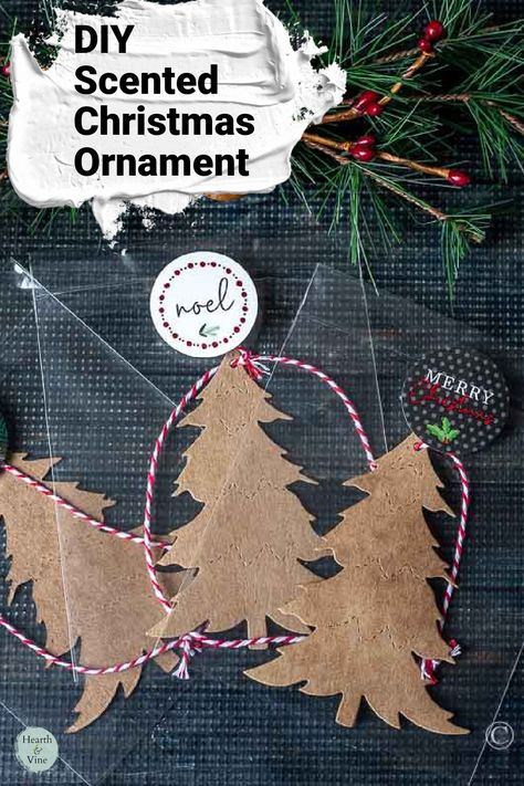 Three chipboard Christmas tree ornaments in bags with festive stickers. Scented Ornaments Diy, Christmas Scented Sachets Diy, Smell Good Ornaments, Christmas Tree Ordement Favor, Smell Good Christmas Ornaments, Cinnamon Stick Fabric Tree Ornament, Scented Ornaments, Christmas Tree Scent, Homemade Air Freshener