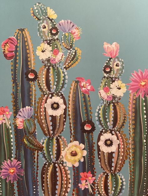 Cactus Canvas Wall Art, Acrylic Mural Painting, Cactus Folk Art, Colorful Cactus Painting, Mexican Paintings Ideas On Canvas, Painting Cactus Acrylic, Diy Cactus Painting, How To Paint Cactus, Paintings Astethic