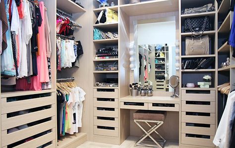 I love this drawer style - I've done similar.  Also like the triple hanging of foundation garments. Closet With Vanity, Masters Bedroom, A Walk In Closet, Closet Idea, Gorgeous Closet, Built In Vanity, Closet Vanity, Organized Closet, Dressing Room Closet