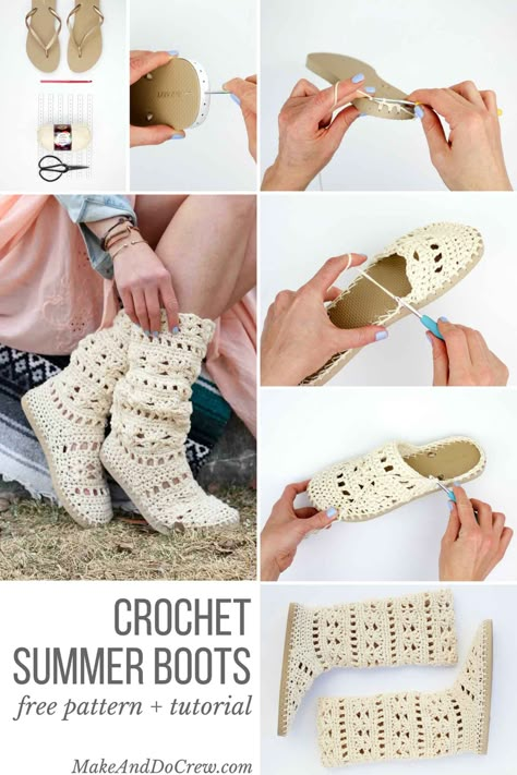 These lacy, cotton "Coachella Boots" will complete your boho-inspired outfits all spring and summer long! Crochet them with flip flop soles! Crochet Boots Free Pattern, Rajutan Sandal, Sandal Rajut, Crochet Boots Pattern, Crochet Booties Pattern, Crochet Flip Flops, Boots Pattern, Lacy Crochet, Crochet Shoes Pattern