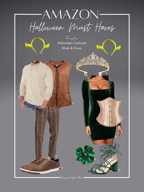 The ULTIMATE Guide to Amazon Halloween Costumes Must Haves! What’s your favorite thing about Halloween? Here are some of my favorite Amazon Halloween Costumes MUST HAVES! #amazon #amazonfinds #amazonmusthaves #amazonshopping #costume #seasonal #aesthetic #halloween #movie #shrek #fiona #inspo #giftideas #keysorfinds Diy Shrek And Fiona Costume, Lord Farquad And Fiona Costume, Fiona And Lord Farquaad Costume, Shrek And Fiona Costume Couple, Fantasia Shrek E Fiona, Fiona From Shrek Costume, Diy Fiona Costume Shrek, Halloween Costume Collage, Shrek Movie Costumes