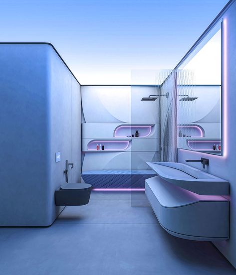 Minimalist Futuristic Interior Design, Futuristic Toilet, High Tech Interior Design, Futuristic Room Design, Alien Building, Futuristic Bathroom Design, Futuristic Home Design, Futuristic Apartment, Futuristic Bathroom