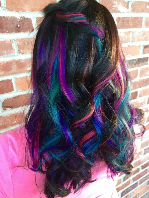 Galaxy/unicorn/mermaid hair ~peek-a-boo colors~ Peekaboo Mermaid Hair, Dark Unicorn Hair, Fantasy Color Highlights, Rainbow Streak Hair, Mermaid Hair Color Peekaboo, Hair Color Ideas Peekaboo, Rainbow Peekaboo Hair, Fun Hair Color Ideas For Brunettes, Galaxy Hair Color