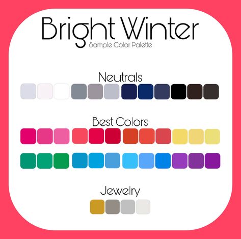 Sample palette for Bright Winter. Clear Winter Color Palette Clothes, Bright Winter Jewelry, Bright Winter Palette Outfits, Bright Winter Aesthetic, Bright Winter Color Palette Outfits, Bright Winter Palette, Bright Winter Color Palette, Bright Winter Outfits, Winter Skin Tone