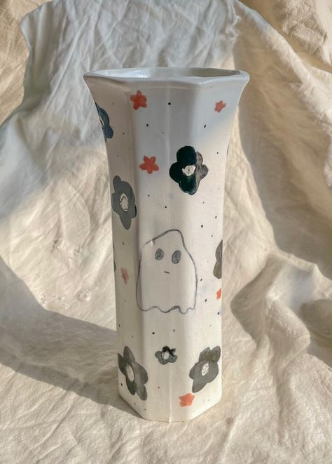 Halloween Vase Cute Ghost Pottery Planter Spooky Home - Etsy New Zealand Ghost Pottery, Vase Cute, Halloween Vase, Tall Flower Vase, Spooky Home, Spooky Home Decor, Painted Ceramics, Earthenware Clay, Pottery Planters