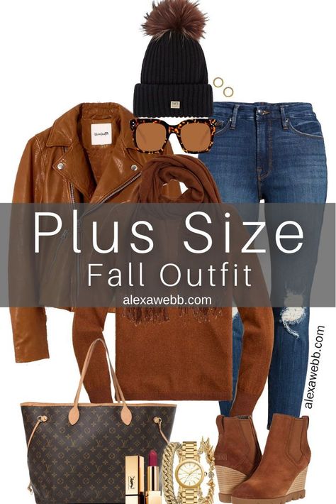 Plus Size Brown Leather Jacket Outfit with distressed skinnny jeans, cashmere sweater, scarf, and wedge booties - Alexa Webb Fall Night Out Outfit Plus Size, Brown Wedge Boots Outfit, Brown Sweater Outfit Fall, Wedge Booties With Jeans, Fall Outfits For Plus Size Women, Plus Size Date Night Outfits Fall, Brown Leather Jacket Outfits Women, Brown And Beige Outfit, Plus Size Fall Outfits Big Stomach