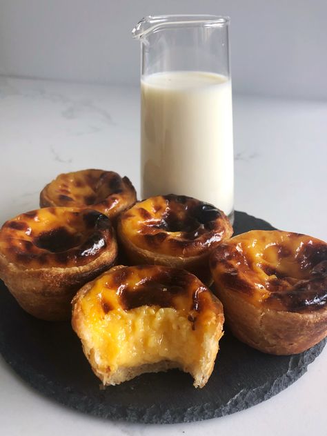 Macau Portuguese Egg Tart | BC Dairy Association Portugese Egg Tart Recipe, Egg Tart Aesthetic, Egg Tart Recipe, Portuguese Tarts, Portuguese Egg Tart, Strawberry Cheesecake Bites, Custard Tarts, Portuguese Style, A Glass Of Milk