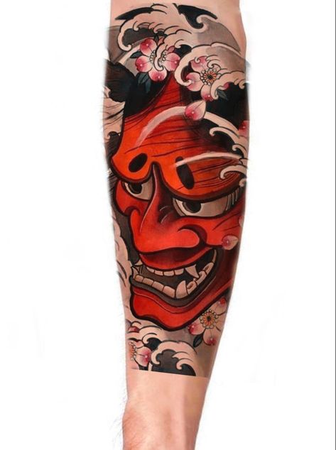 Hanya Mask Leg Tattoo, Samurai Mask Hand Tattoo, Oni Mask Tattoo Sleeve, Japanese Calf Tattoo Men, Oni Mask Tattoo Color, Kabuki Mask Tattoo, Kabuki Tattoo, Hanya Mask Tattoo, Japanese Hand Tattoos