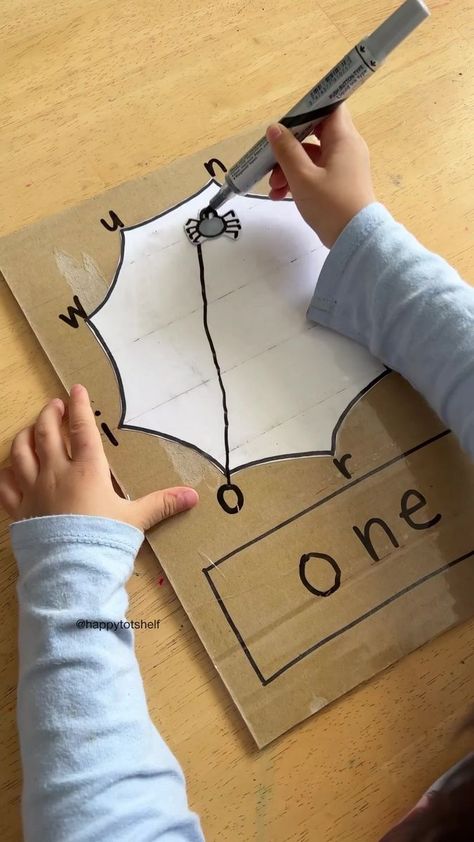 Check out this Spider Web Spelling Board where kids can learn letter recognition, pre-writing skills and spelling at the same time! Children draw lines... | By Happy Tot Shelf - Raising Happy Learners | Facebook Spider Letter Activities, Asl Activities, Spider Writing, Incy Wincy Spider, Letter Writing Activities, Literacy Centres, Handwriting Sheets, Playdough Activities, Preschool Centers